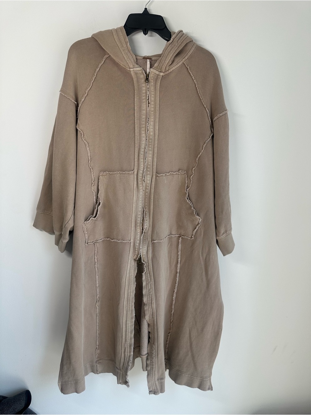 Free People Taupe Oversized Longline Zip Up Hoodie Duster, Size Small